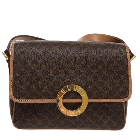 CELINE Macadam Canvas Circle Shoulder Bag PVC Leather Brown Gold - Picture 2 of 16